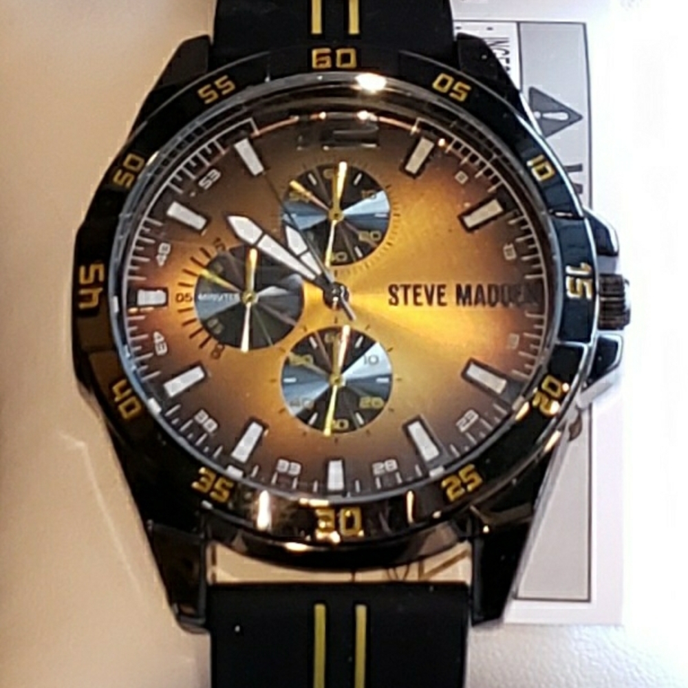Steve Madden Black & Gold Chronograph Watch NIB!